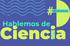 texto "hablemos de ciencia" fondo azul 