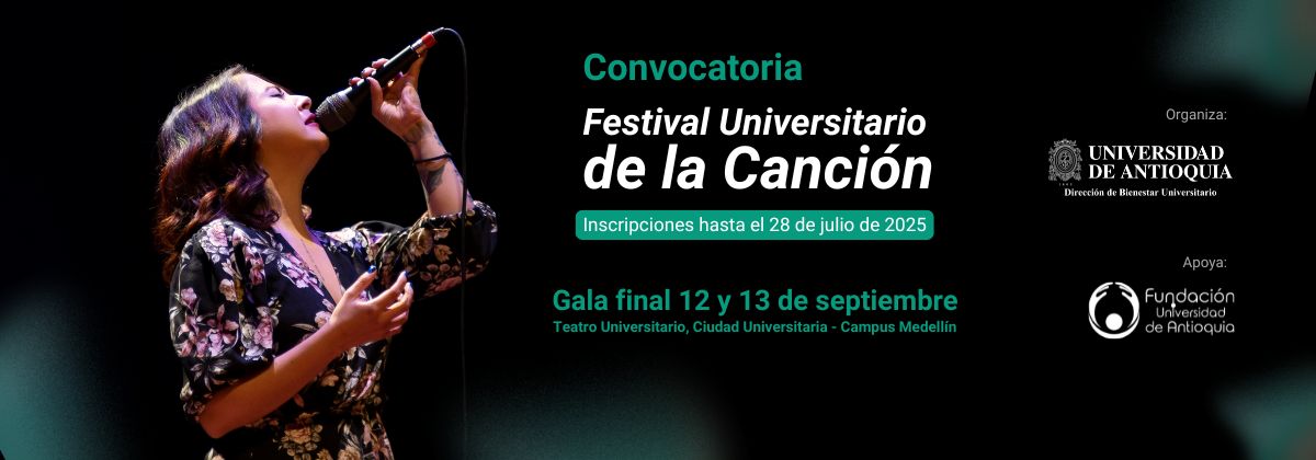 Sobre un fondo negro, una mujer canta con sentimiento y se lee el nombre de la convocatoria: Festival Universitario de la Canción. Inscripciones hasta el 28 de julio de 2025.
