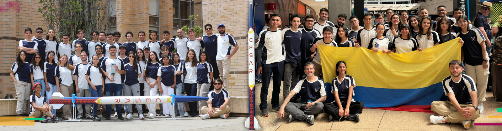Integrantes del Semillero Volta posando con el cohete en el campus El Carmen de Viboral | Estudiantes en la salida internacional del aeropuerto José María Córdoba en Colombia