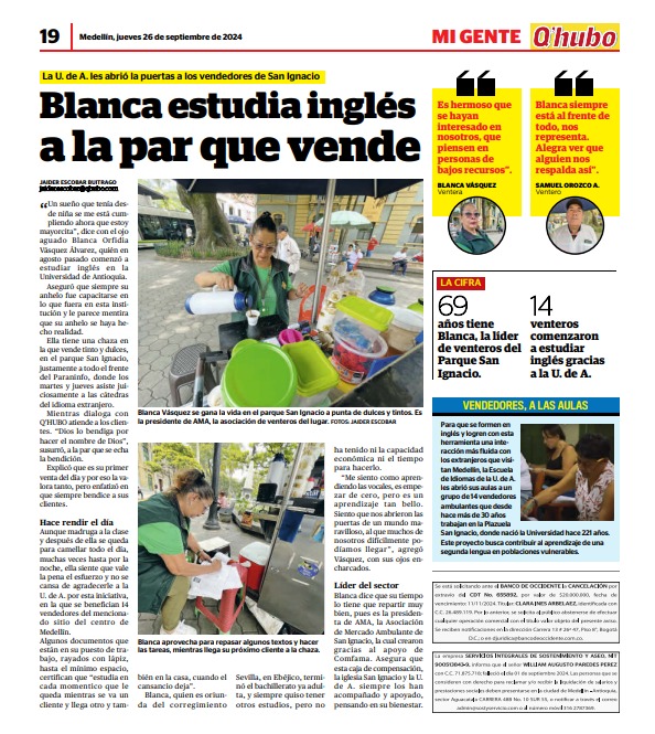 Nota escrita para el periódico Q´ Hubo en el centro la imagen de una vendedora ambulante