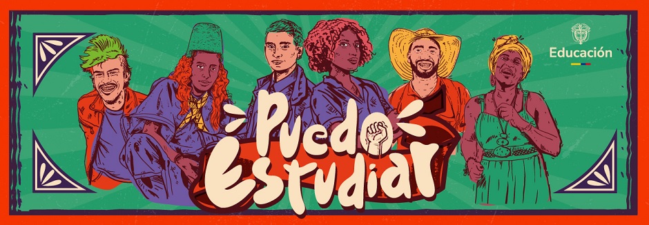 Imagen oficial de la Política de Gratuidad del MEN. Es una ilustración de seis personas que muestran la diversidad cultural de Colombia. Y una frase que titula: "Puedo estudiar".