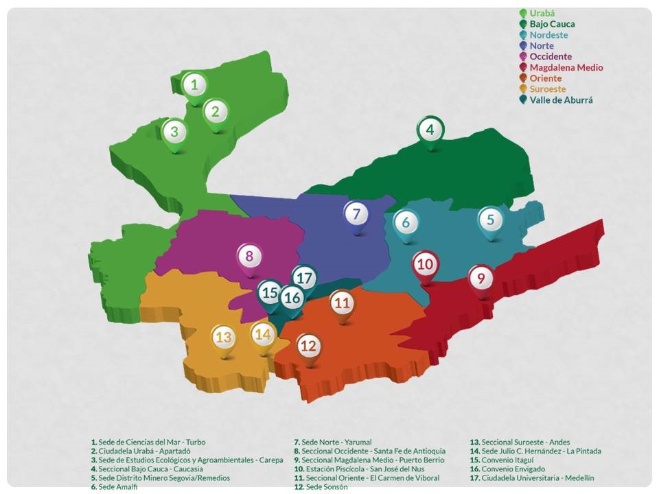 Mapa de Antioquia en la que se ubican los campus de la UdeA.