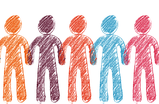 Tres íconos de siluetas de personas y una mano señalando al ícono de la mitad.